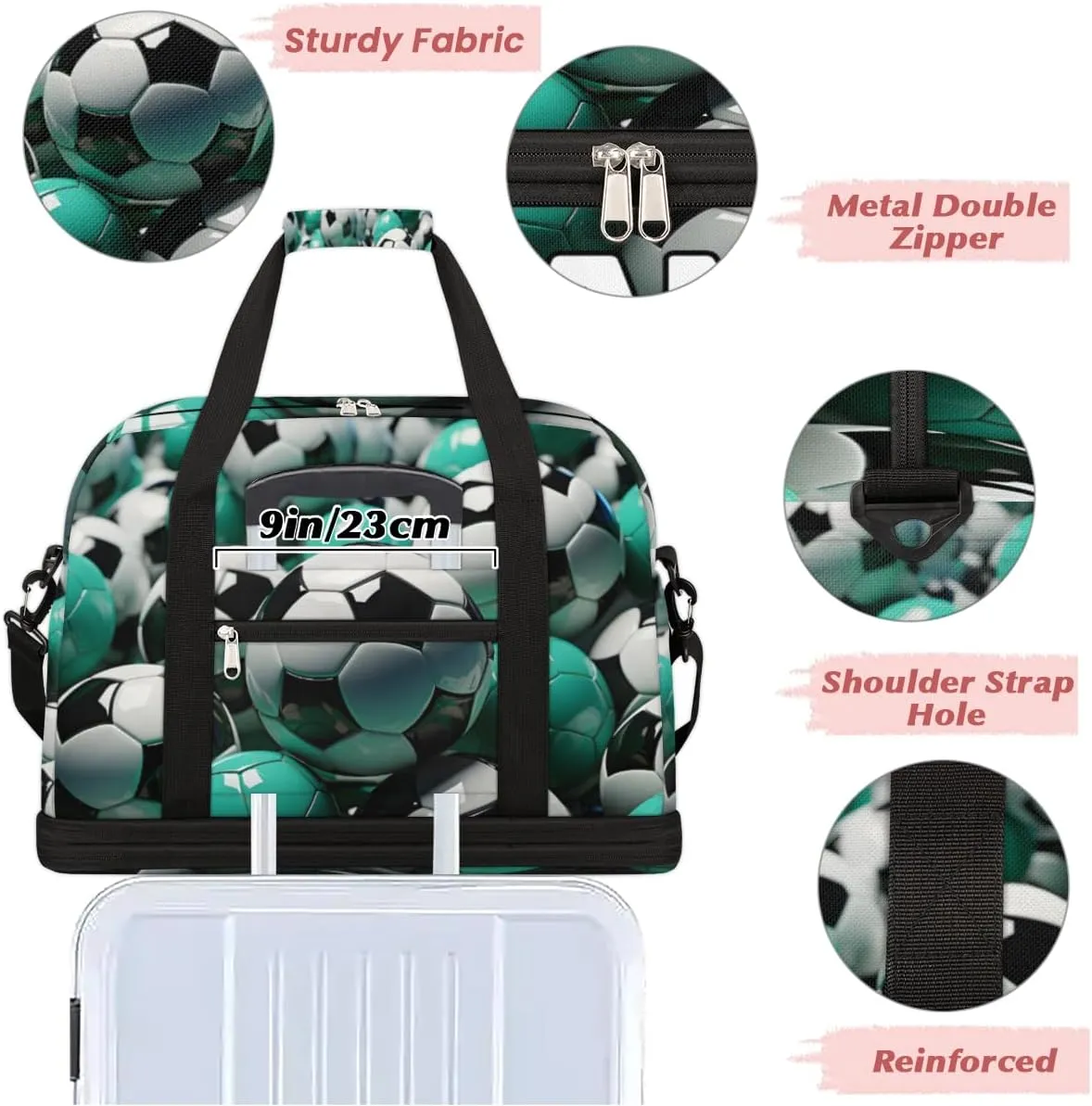 Soccer Custom Foldable Duffle Bag with Shoes Compartment Ball Sport Personalized Large Capacity Waterproof Travel Weekender Bag Overnight Bag for Sports Gym