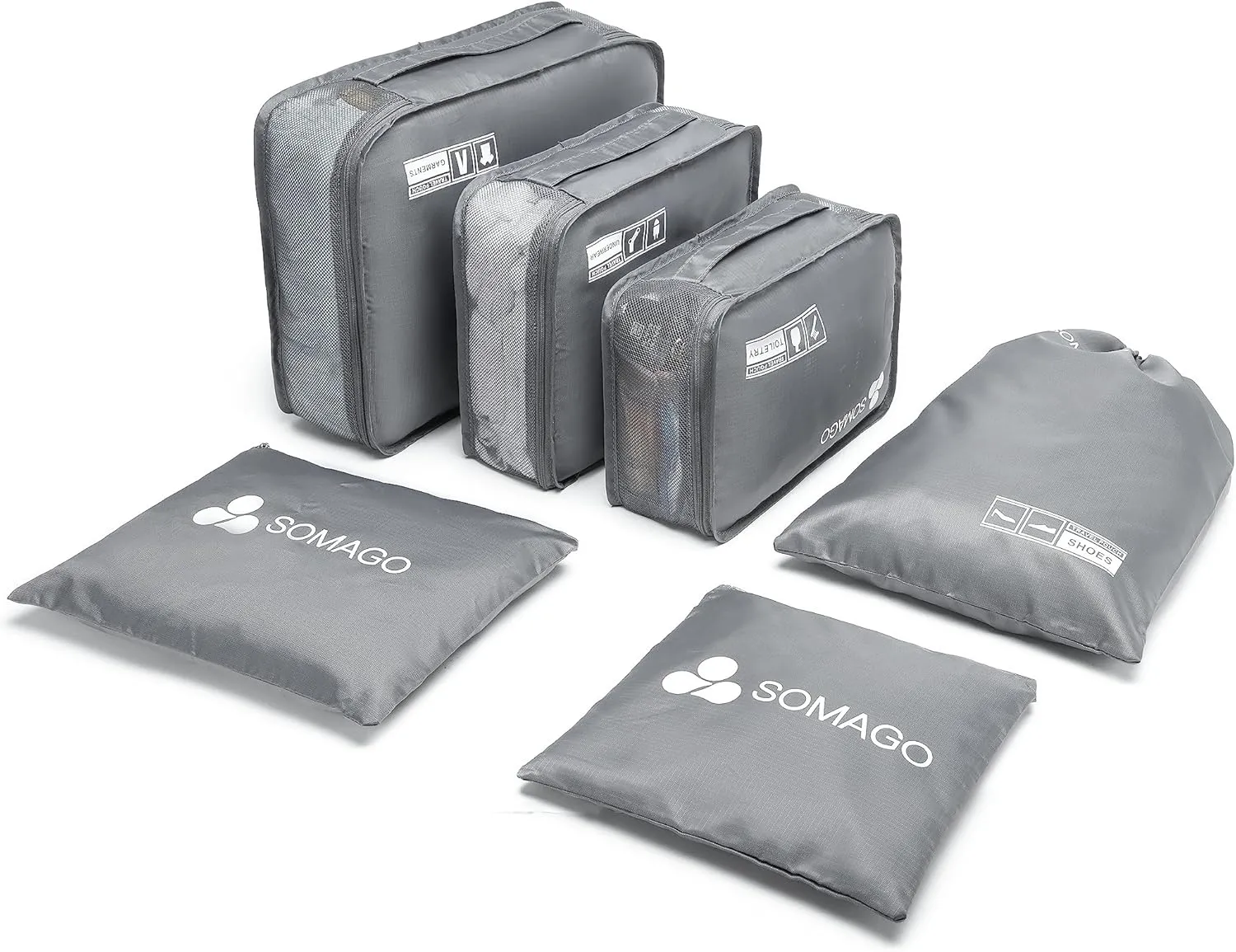 Somago 6 Pcs Packing Cubes for Travel with Clothes Shoes Cosmetics Toiletries Storage Bags Luggage Organizers for Suitcase Travel Essentials (Grey)