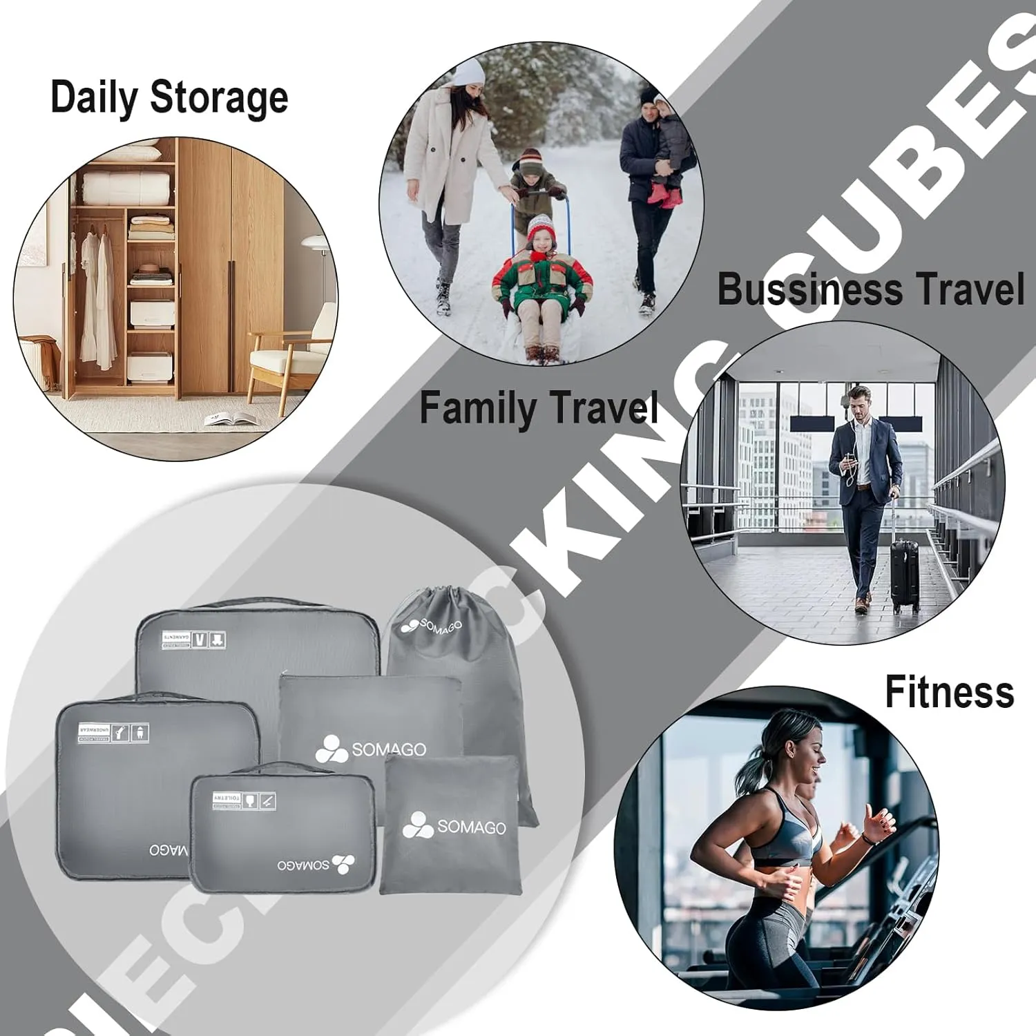 Somago 6 Pcs Packing Cubes for Travel with Clothes Shoes Cosmetics Toiletries Storage Bags Luggage Organizers for Suitcase Travel Essentials (Grey)