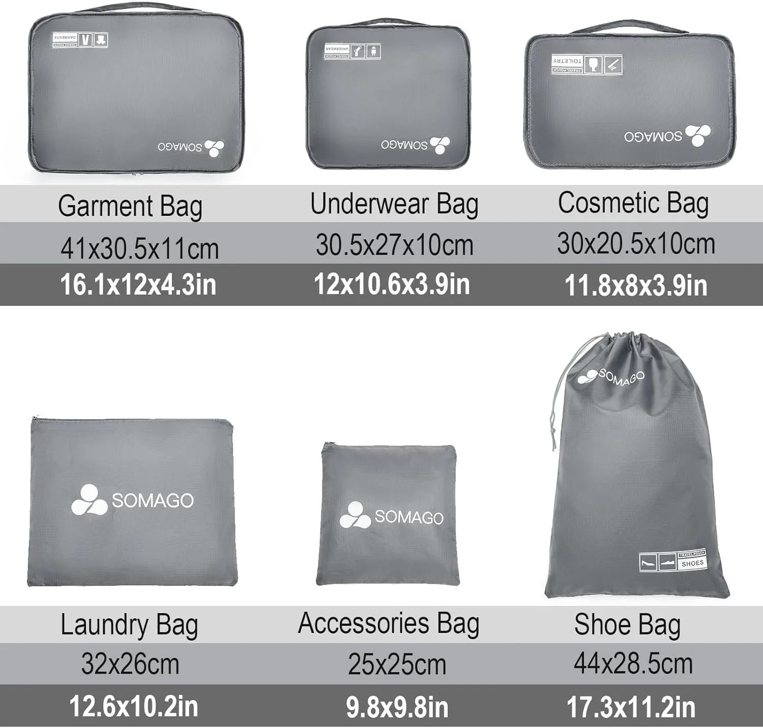 Somago 6 Pcs Packing Cubes for Travel with Clothes Shoes Cosmetics Toiletries Storage Bags Luggage Organizers for Suitcase Travel Essentials (Grey)