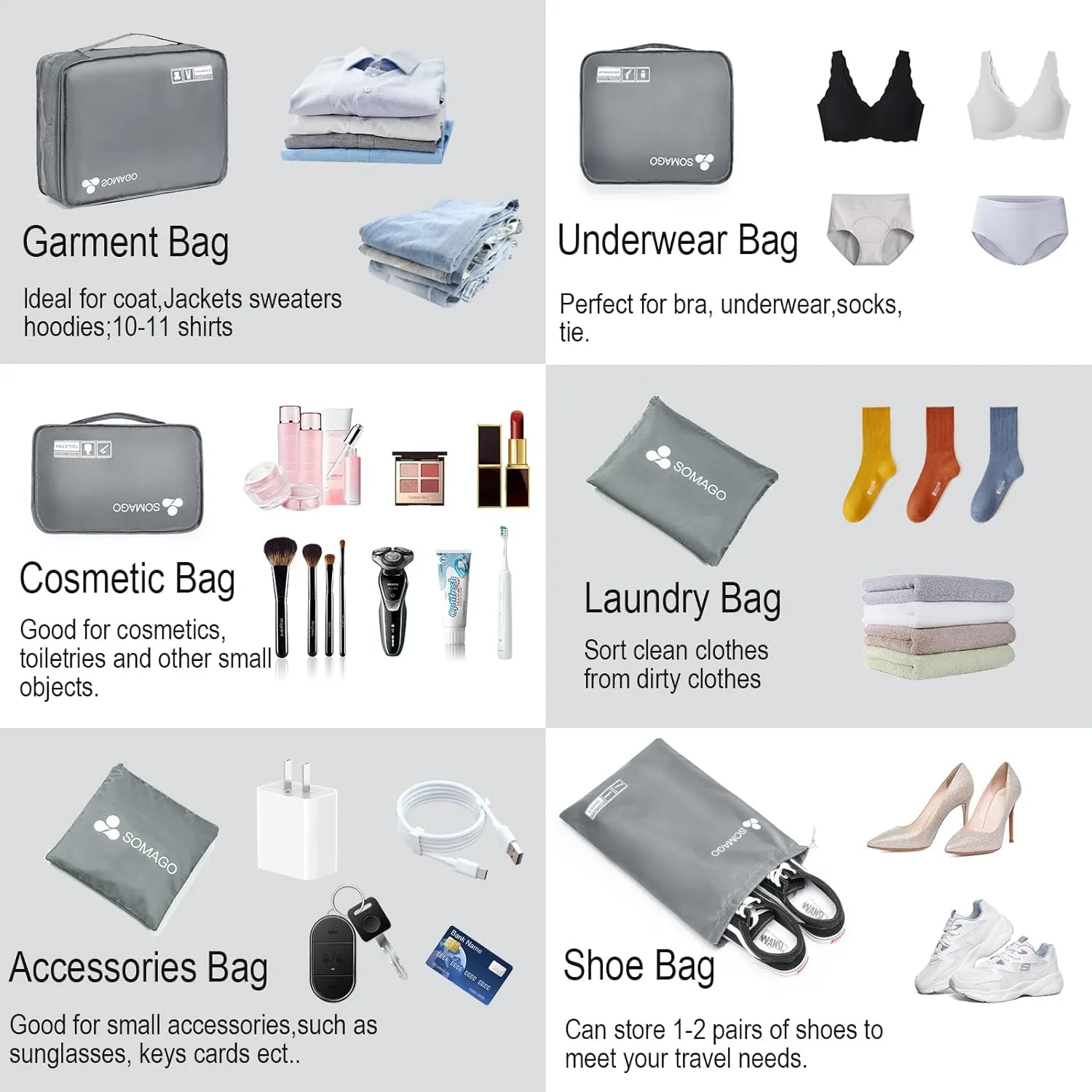 Somago 6 Pcs Packing Cubes for Travel with Clothes Shoes Cosmetics Toiletries Storage Bags Luggage Organizers for Suitcase Travel Essentials (Grey)