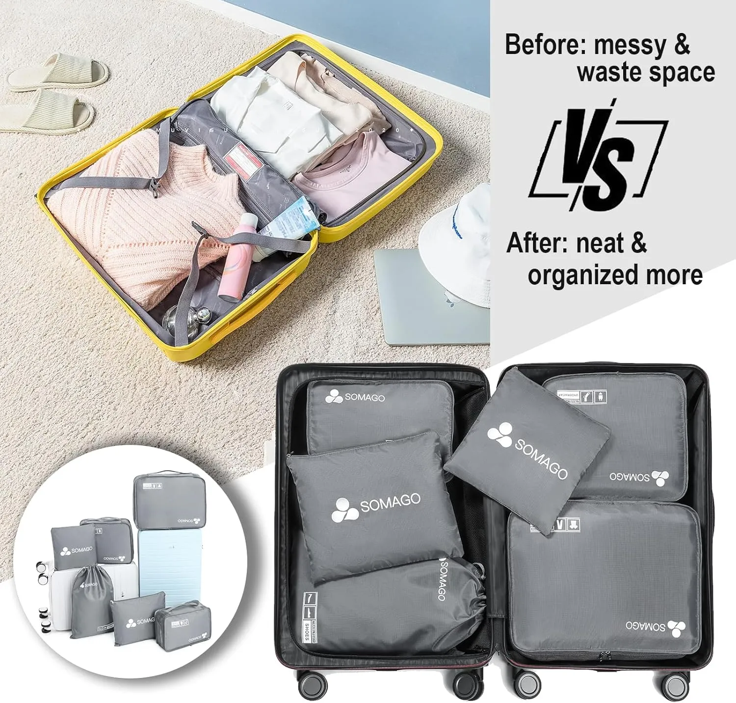 Somago 6 Pcs Packing Cubes for Travel with Clothes Shoes Cosmetics Toiletries Storage Bags Luggage Organizers for Suitcase Travel Essentials (Grey)