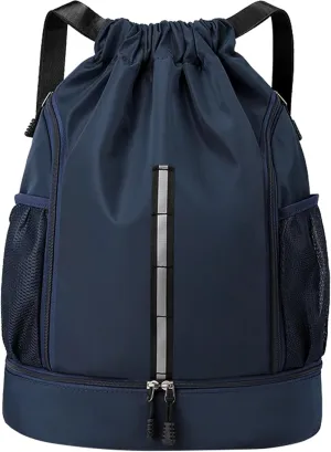 Sport Gym Bag Water Resistant Drawstring Backpack for Men Women Children with Shoes Compartment (Dark blue)
