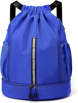 Sport Gym Bag Water Resistant Drawstring Backpack for Men Women with Shoes Compartment (Blue)