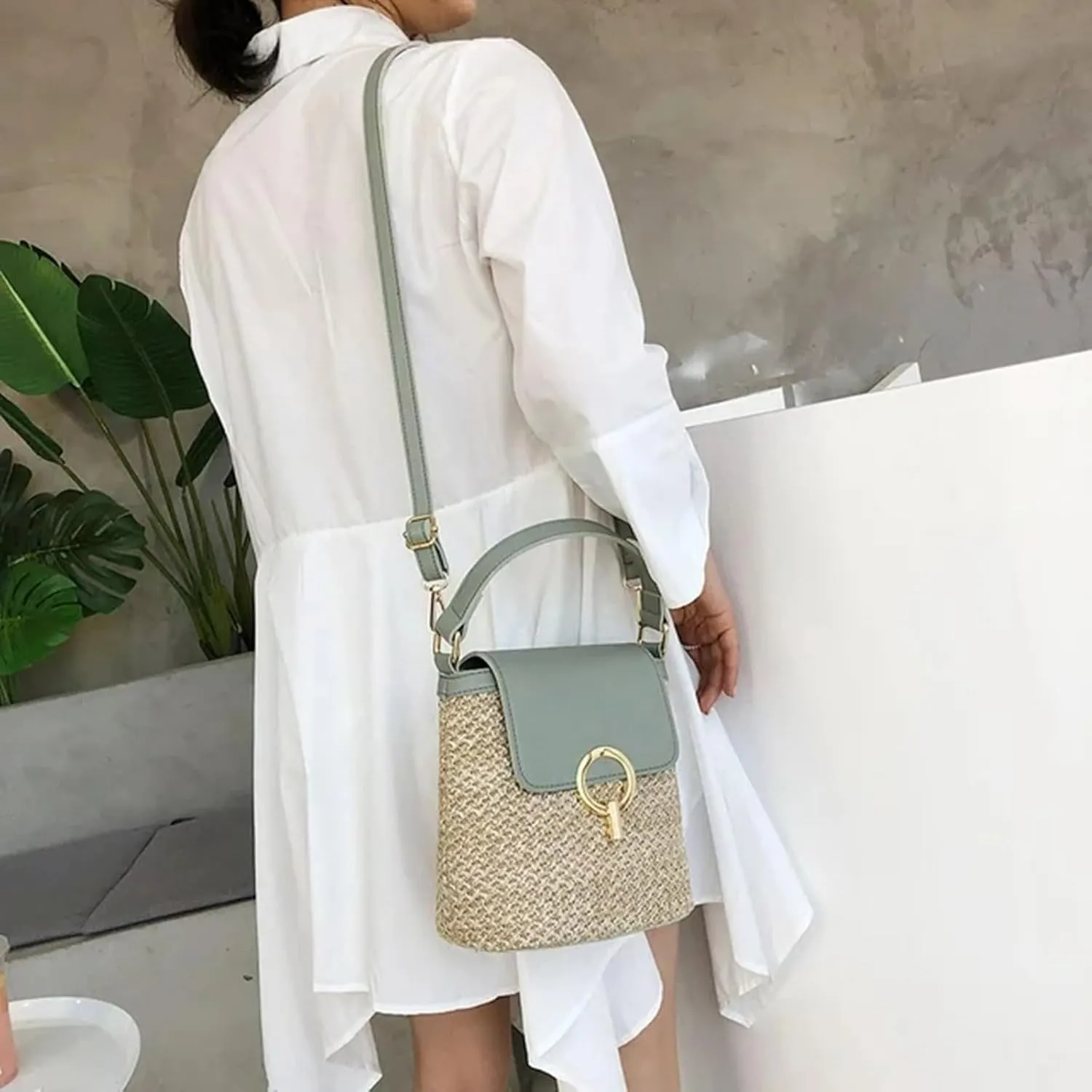 Straw Weave Women Ladies Bucket Handbags Summer Beach Shoulder Bags Canvas Denim Messenger Bag (C, One Size)