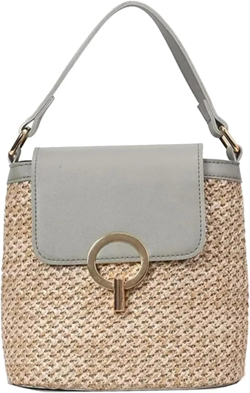 Straw Weave Women Ladies Bucket Handbags Summer Beach Shoulder Bags Canvas Denim Messenger Bag (C, One Size)