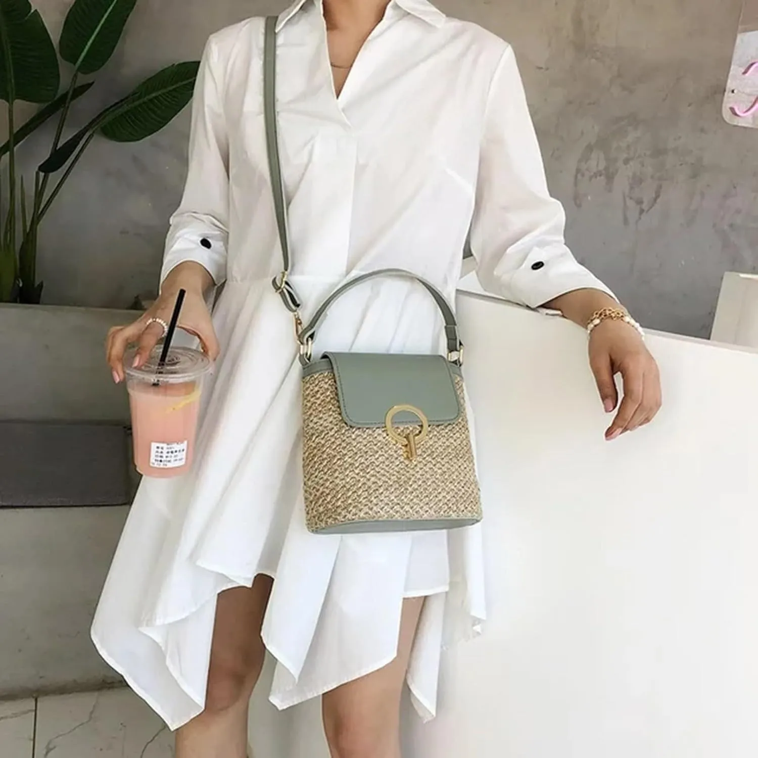Straw Weave Women Ladies Bucket Handbags Summer Beach Shoulder Bags Canvas Denim Messenger Bag (C, One Size)