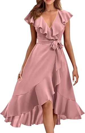 Summer Dresses for Women 2024 Wrap V Neck Short Sleeve Belted Ruffle Hem A-Line Flowy Maxi Dresses Vacation Outfits