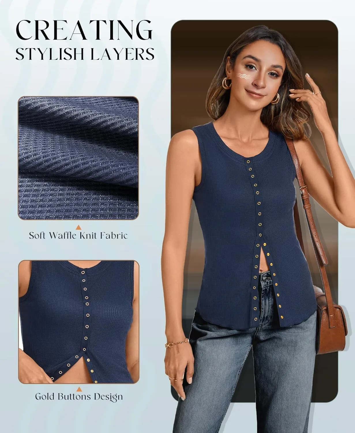 Tank Tops for Women Dressy - Waffle Knit Vest Shirts Snap Button Down Sleeveless Blouse Summer Casual Going Out Top