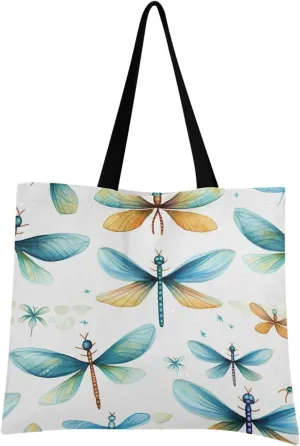 Teal Yellow Dragonfly Tote Bag for Women Girl Canvas Shoulder Handbags Reusable Grocery Bags Large Purse with Inner Pocket 214a5079