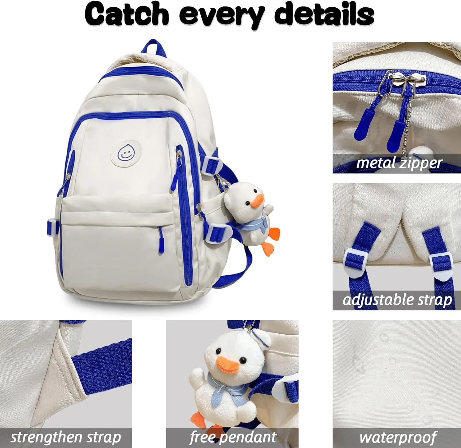 Teclado Kawaii Backpack with Cute Accessories Lightweight Bookbags Laptop Bag Waterproof Casual Travel Daypacks (Blue)
