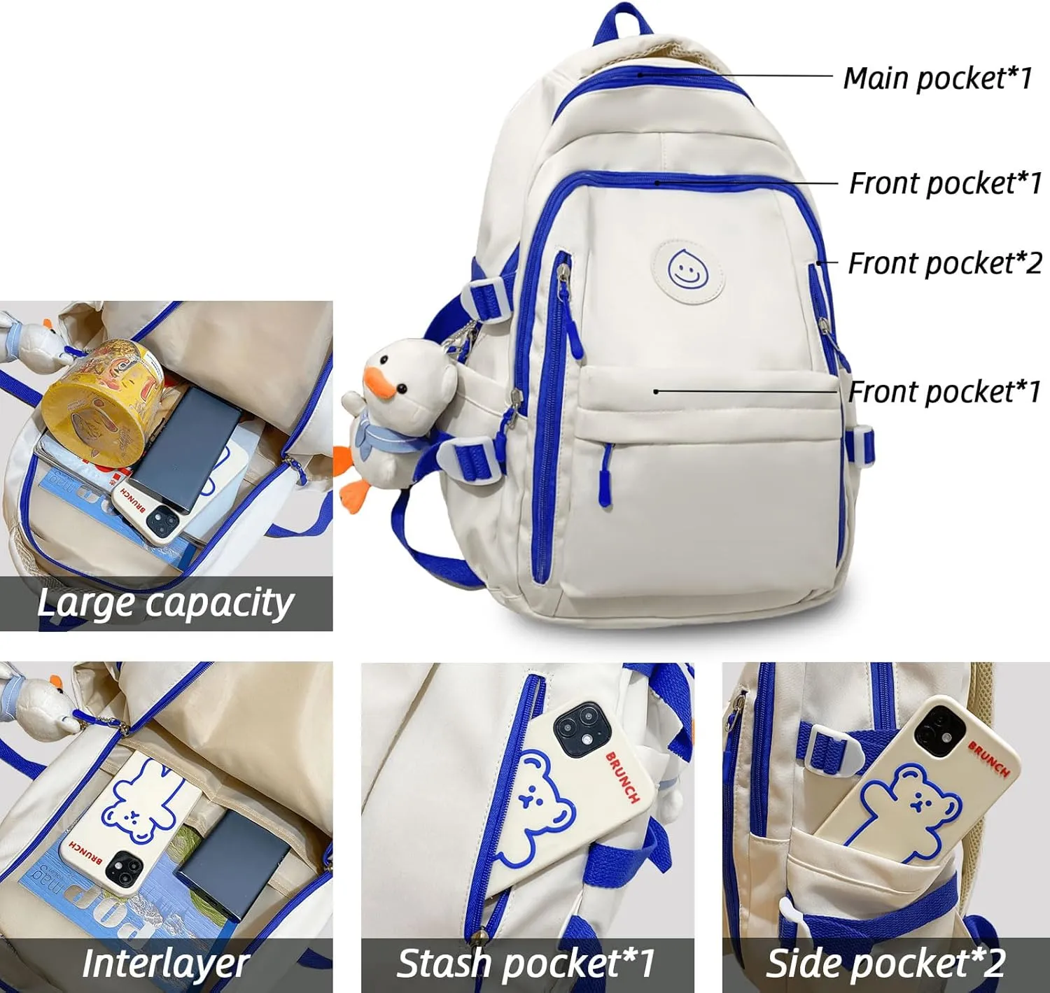 Teclado Kawaii Backpack with Cute Accessories Lightweight Bookbags Laptop Bag Waterproof Casual Travel Daypacks (Blue)