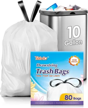 Teivio 10 Gallon Drawstring Trash Bags 80 Counts Medium Kitchen Garbage Bags fit 30-35 Liter Garbage Bin, Large Trash Can Liners for Home, Office, Light Residential Waste Outdoor Lawn Bags, White