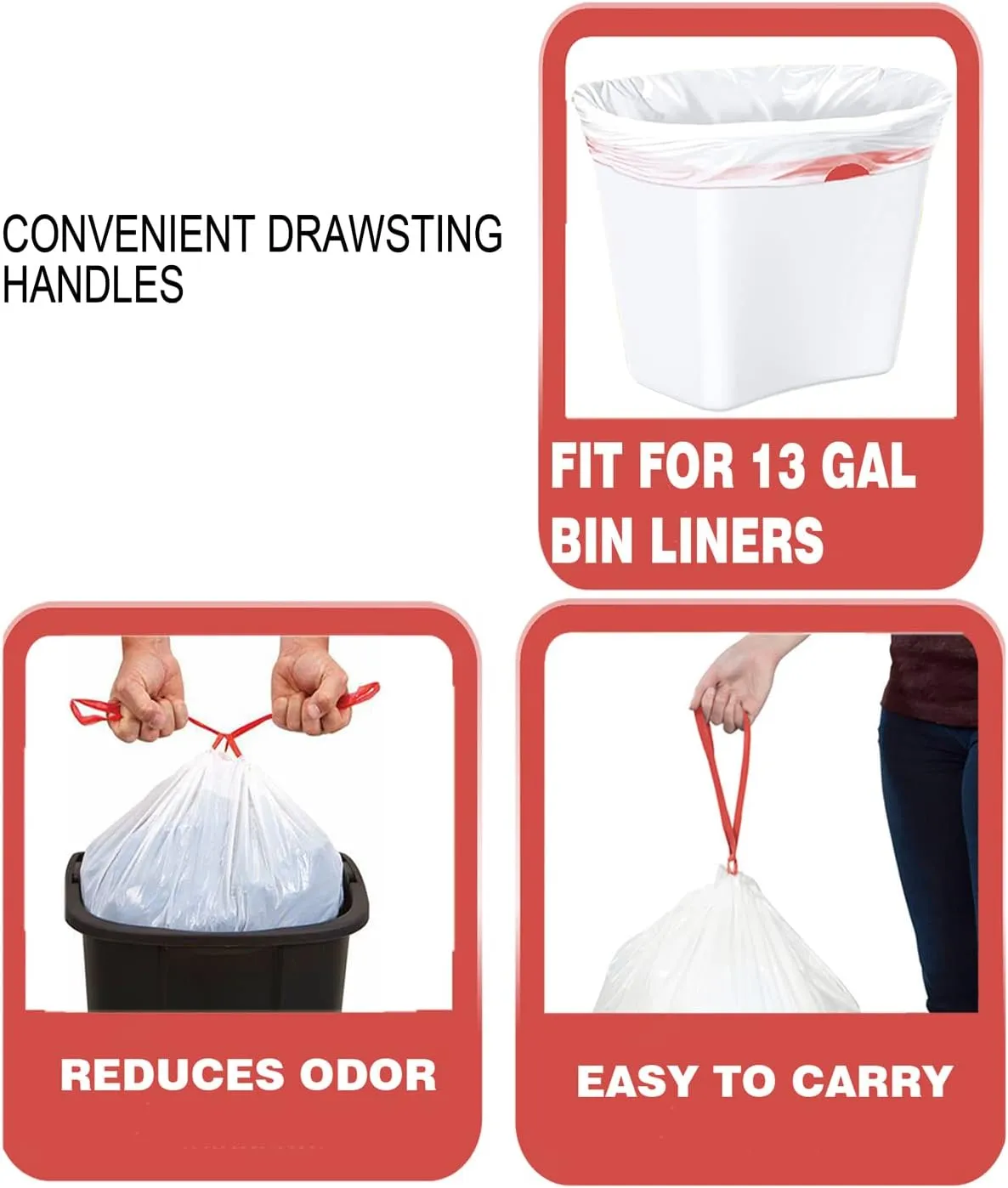 Trash Bags 13 Gallon Drawstring, 100 Count, Multifold Roll Garbage Bags, Tall Kitchen Trash Bag, Odorless & Extra strength White Plastic Food Scrap Bag for Home Office Bathroom Kitchen Bins