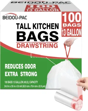 Trash Bags 13 Gallon Drawstring, 100 Count, Multifold Roll Garbage Bags, Tall Kitchen Trash Bag, Odorless & Extra strength White Plastic Food Scrap Bag for Home Office Bathroom Kitchen Bins