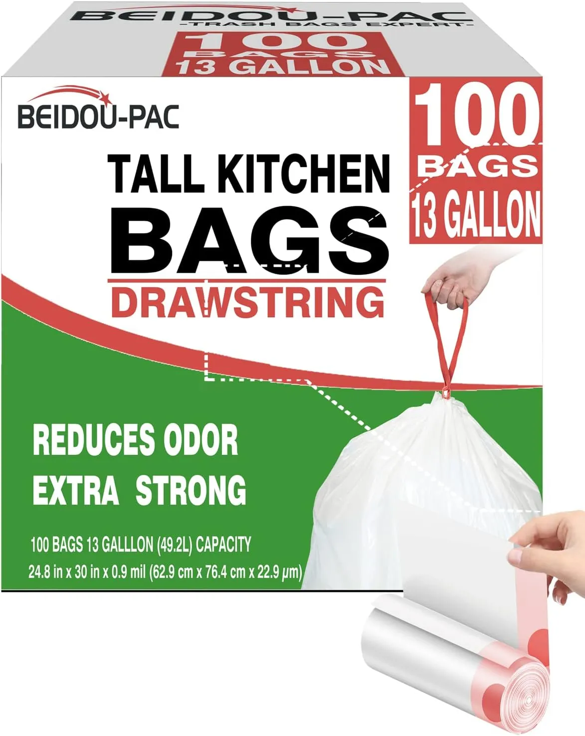 Trash Bags 13 Gallon Drawstring, 100 Count, Multifold Roll Garbage Bags, Tall Kitchen Trash Bag, Odorless & Extra strength White Plastic Food Scrap Bag for Home Office Bathroom Kitchen Bins