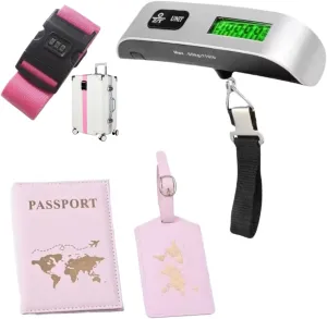 Travel Accessories Set, Passport Holder with Luggage Tag, Digital Scale 110lb, Suitcase Strap with Lock