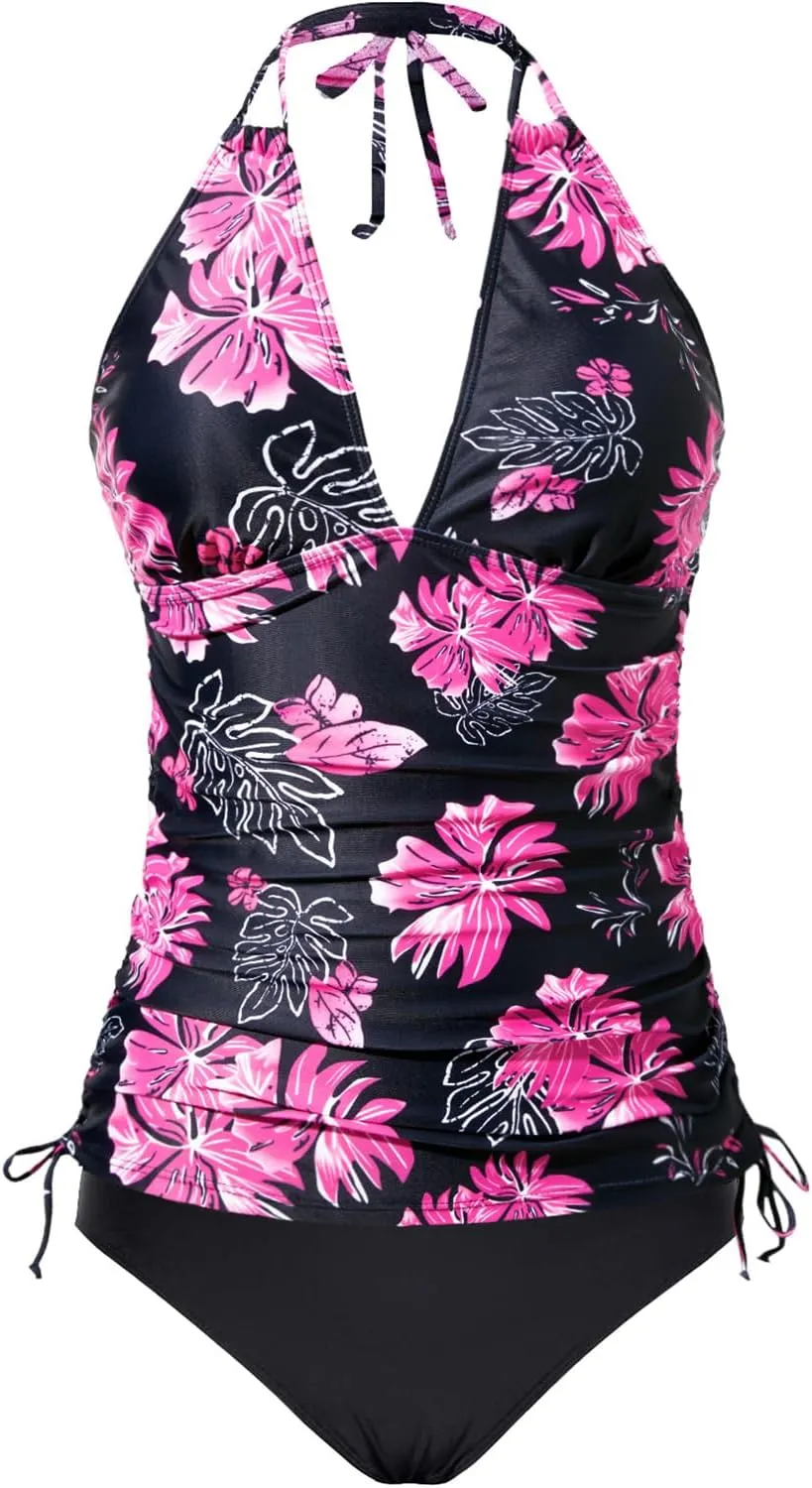 Two Piece Halter Tankini Swimsuits for Women Tummy Control Bathing Suits V Neck Swimwear