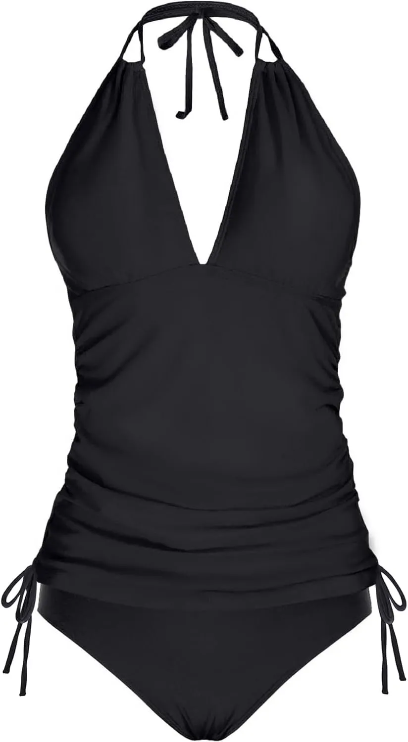 Two Piece Halter Tankini Swimsuits for Women Tummy Control Bathing Suits V Neck Swimwear