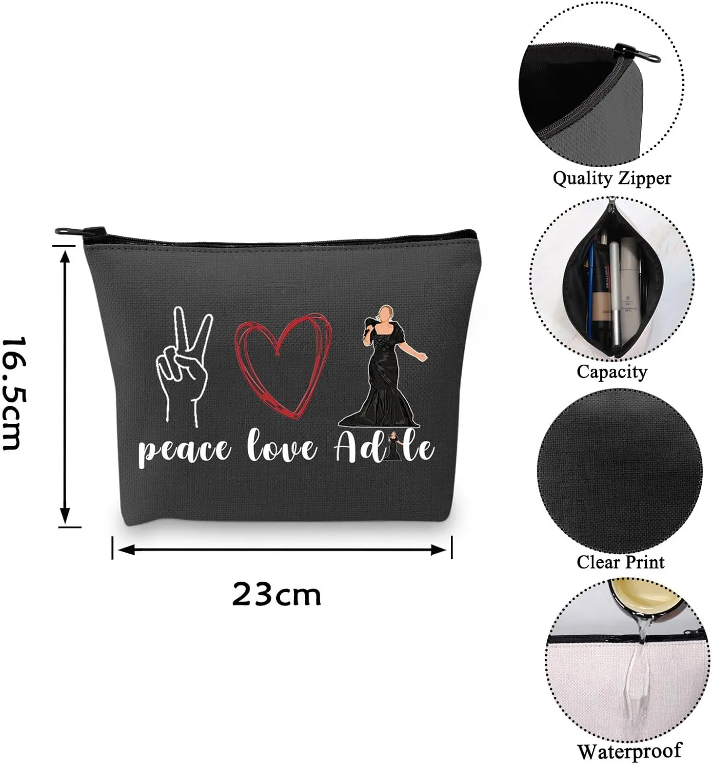 VAMSII Female Singer Gift Peace Love A-D Makeup Bag - Singer Fans Songwriter Gift (BLK-P L Adele)