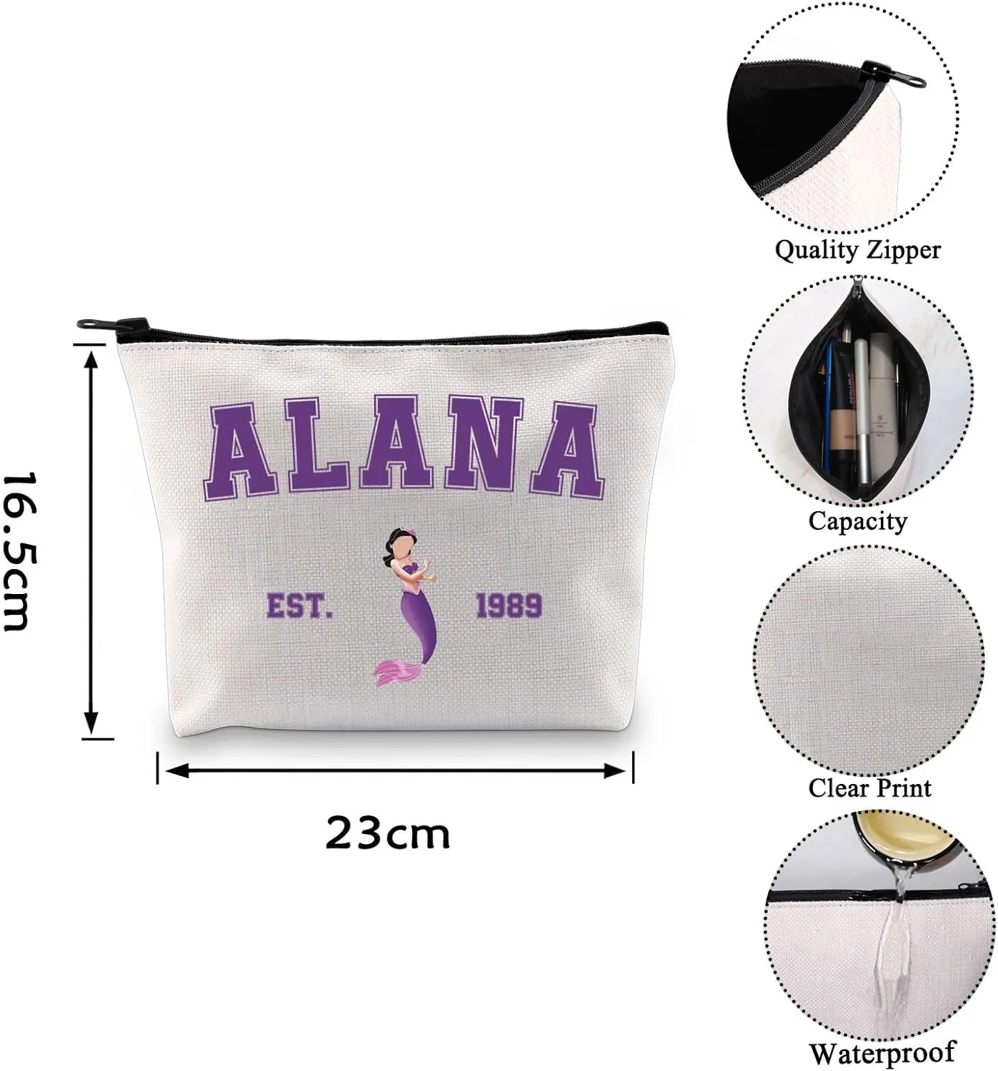 VAMSII Princess Mermaid Makeup Bag Daughters of King Triton Cosmetic Bag Fairy Tales Movie Gifts for Fans (ALANA 1989)