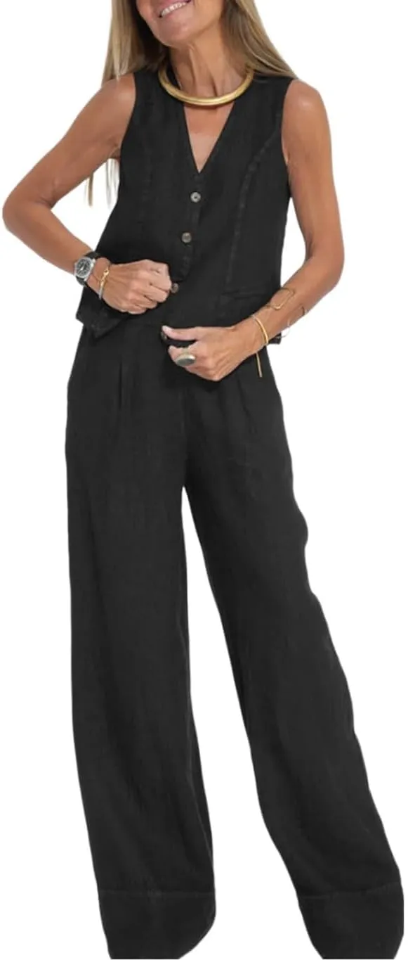 Vest Pant Suits for Women Cotton Linen Dressy Casual 2 Piece Sets Sleeveless 2024 Blazer Vest High Rise Wide Leg Pants Set