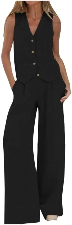 Vest Pant Suits for Women Cotton Linen Dressy Casual 2 Piece Sets Sleeveless 2024 Blazer Vest High Rise Wide Leg Pants Set