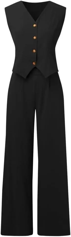 Vest Pant Suits for Women Cotton Linen Dressy Casual 2 Piece Sets Sleeveless 2024 Blazer Vest High Rise Wide Leg Pants Set
