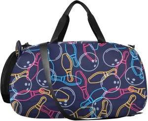 VIGTRO Bowling Black Pattern Boys Girls Sports Travel Duffel Bags with Shoes Compartment, Weekender Overnight Gym Bag for Swimming, Dancing, Outing