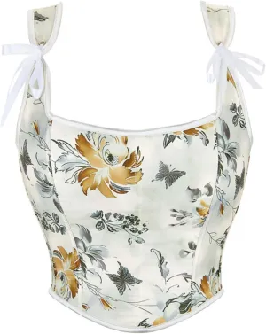 Vintage Corset Tops For Women Renaissance Flower Butterfly Print Bustier Lace Up Bowknot Shapewear Vest Tops