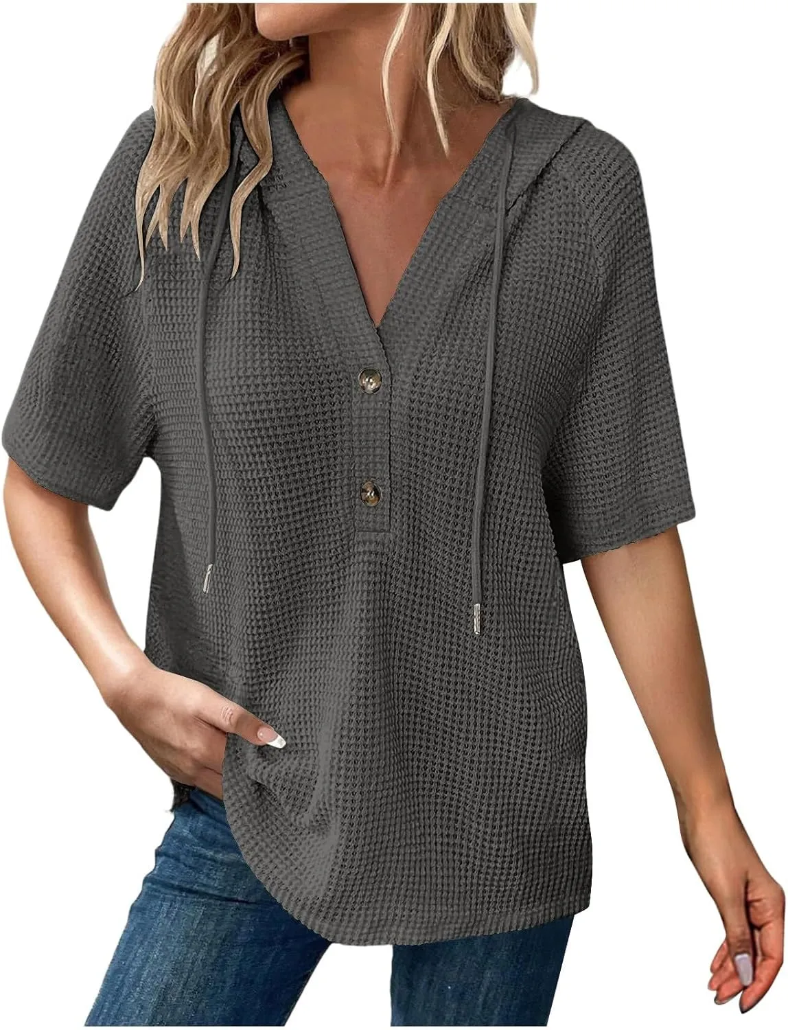 Waffle Knit Short Sleeve Tops for Women Spring Waffle Knit Tops Drawstring Hoodies Button V Neck Casual Blouses Shirts