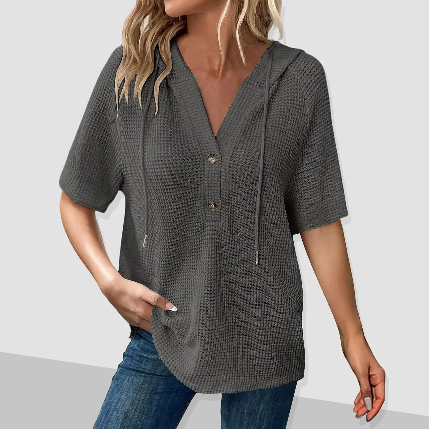 Waffle Knit Short Sleeve Tops for Women Spring Waffle Knit Tops Drawstring Hoodies Button V Neck Casual Blouses Shirts