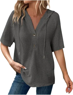 Waffle Knit Short Sleeve Tops for Women Spring Waffle Knit Tops Drawstring Hoodies Button V Neck Casual Blouses Shirts