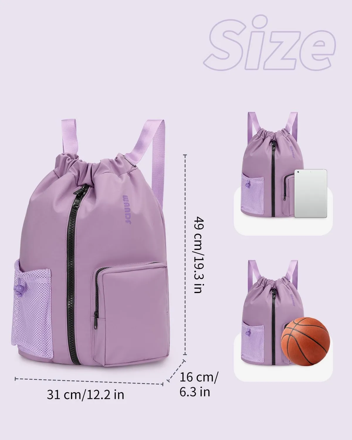 WANDF Drawstring Backpack Sports Gym Bag with Shoes Compartment, Water-Resistant String Beach Sackpack Swim Bag for Women and Men (Lilac Purple)