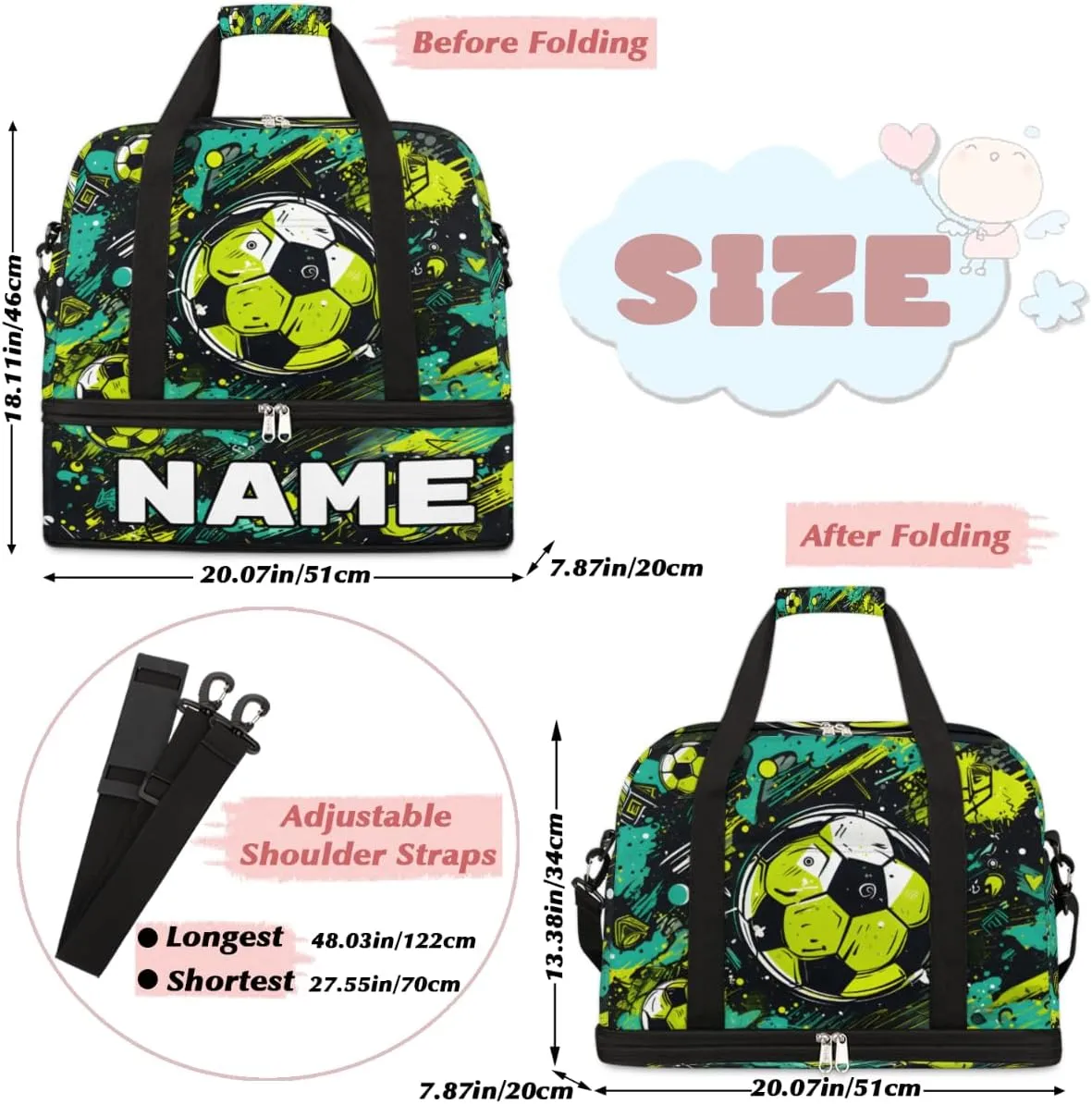 Watercolor Football Custom Foldable Duffle Bag with Shoes Compartment Personalized Large Capacity Waterproof Travel Weekender Bag Overnight Bag for Sports Gym