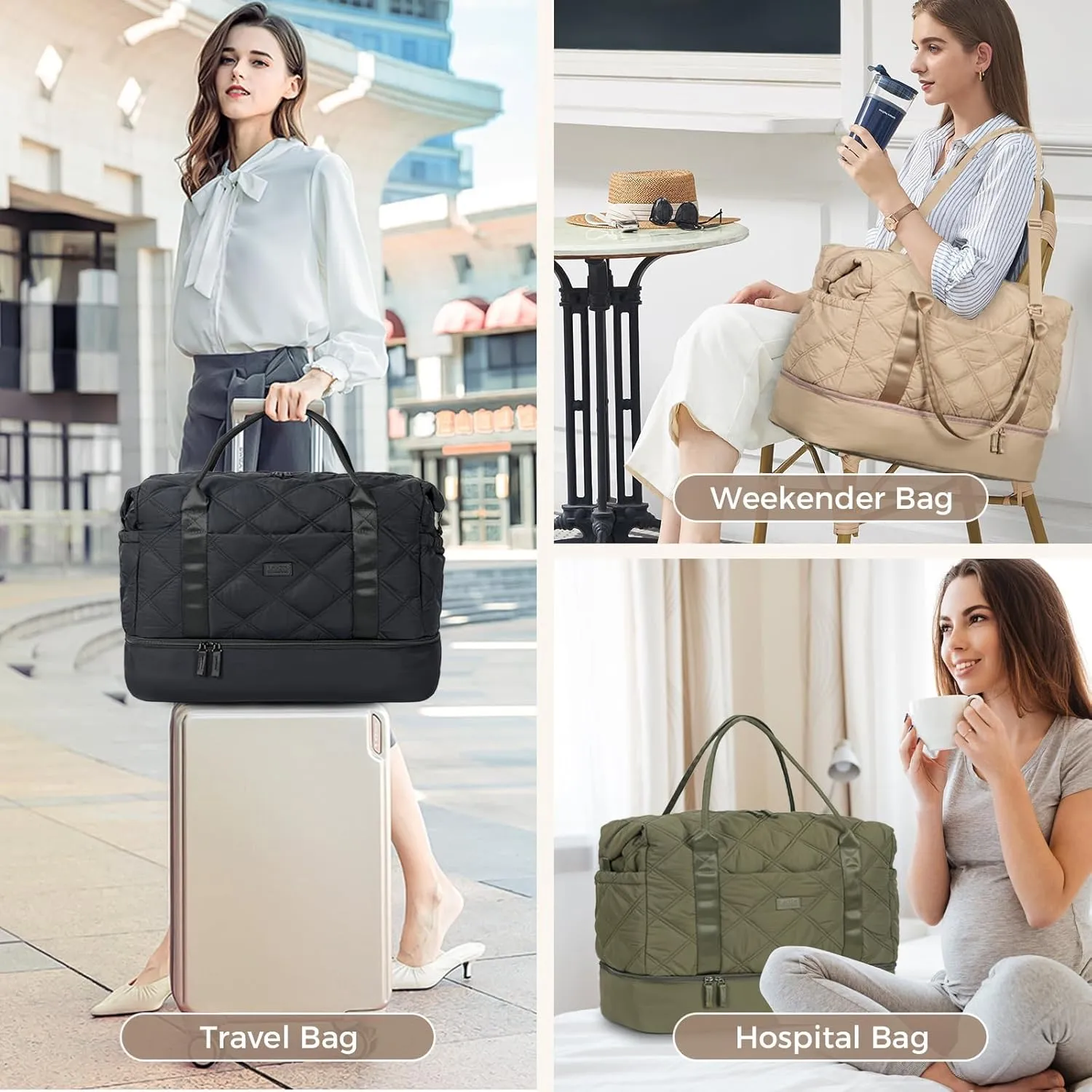 Weekender Bag for Women, Puffer Travel Duffle Bag With Shoes Compartment & Toiletry, Large Carry On Tote for Airplane, Overningt, Bussiness Trip, Gym (Green)
