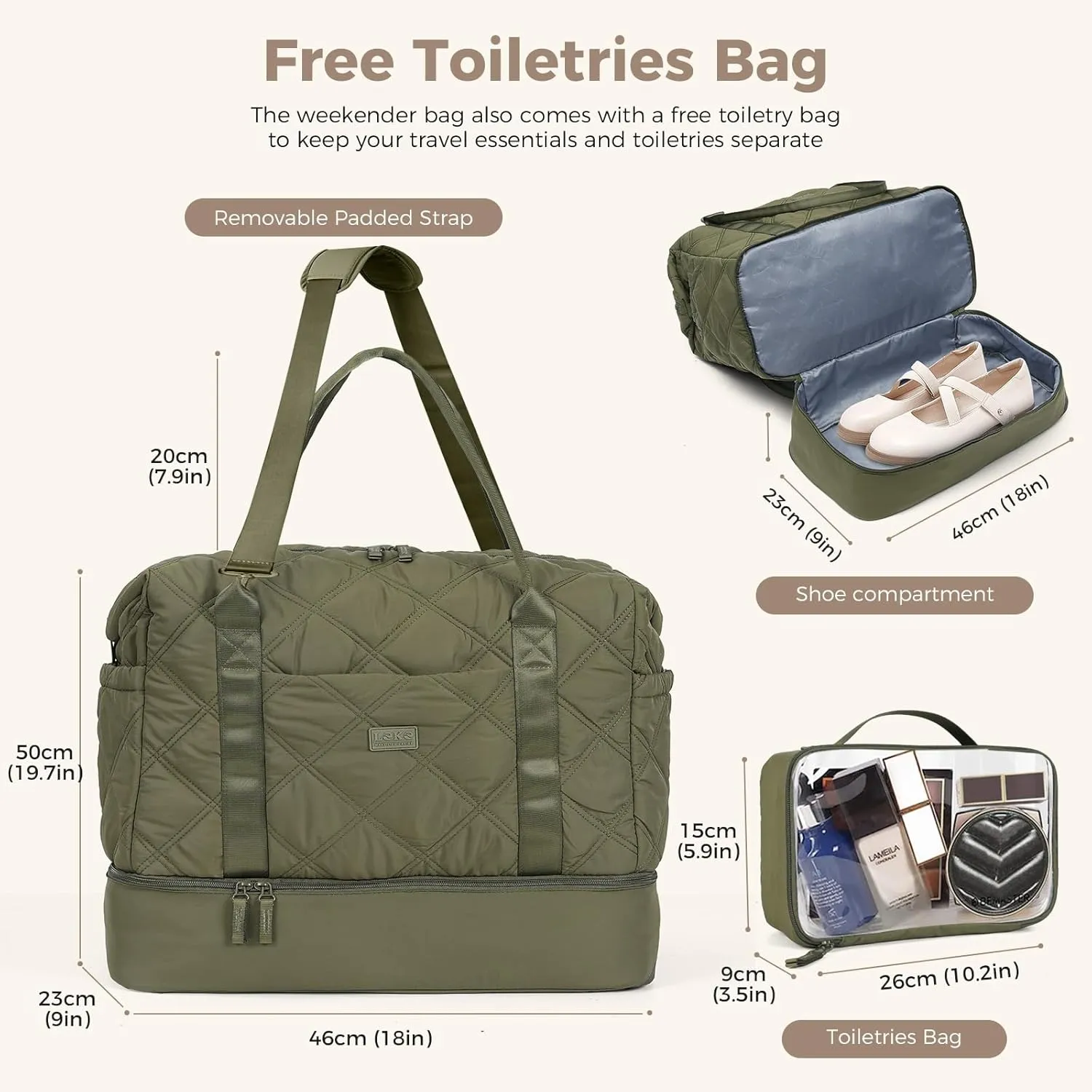 Weekender Bag for Women, Puffer Travel Duffle Bag With Shoes Compartment & Toiletry, Large Carry On Tote for Airplane, Overningt, Bussiness Trip, Gym (Green)