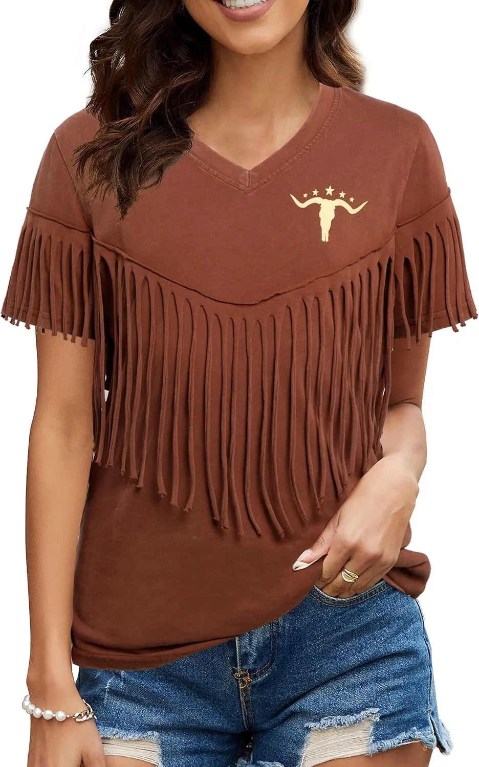 Western Vintage Shirt Cowgirl Outfit: Women Fringe Graphic Tees Rodeo Short Sleeve Tshirt Summer Vacation V Neck Tops