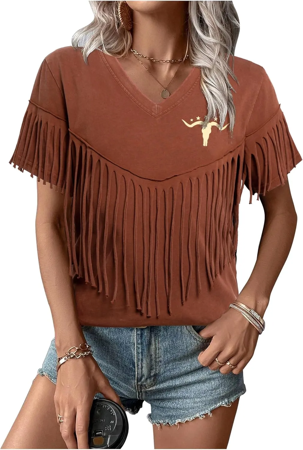 Western Vintage Shirt Cowgirl Outfit: Women Fringe Graphic Tees Rodeo Short Sleeve Tshirt Summer Vacation V Neck Tops