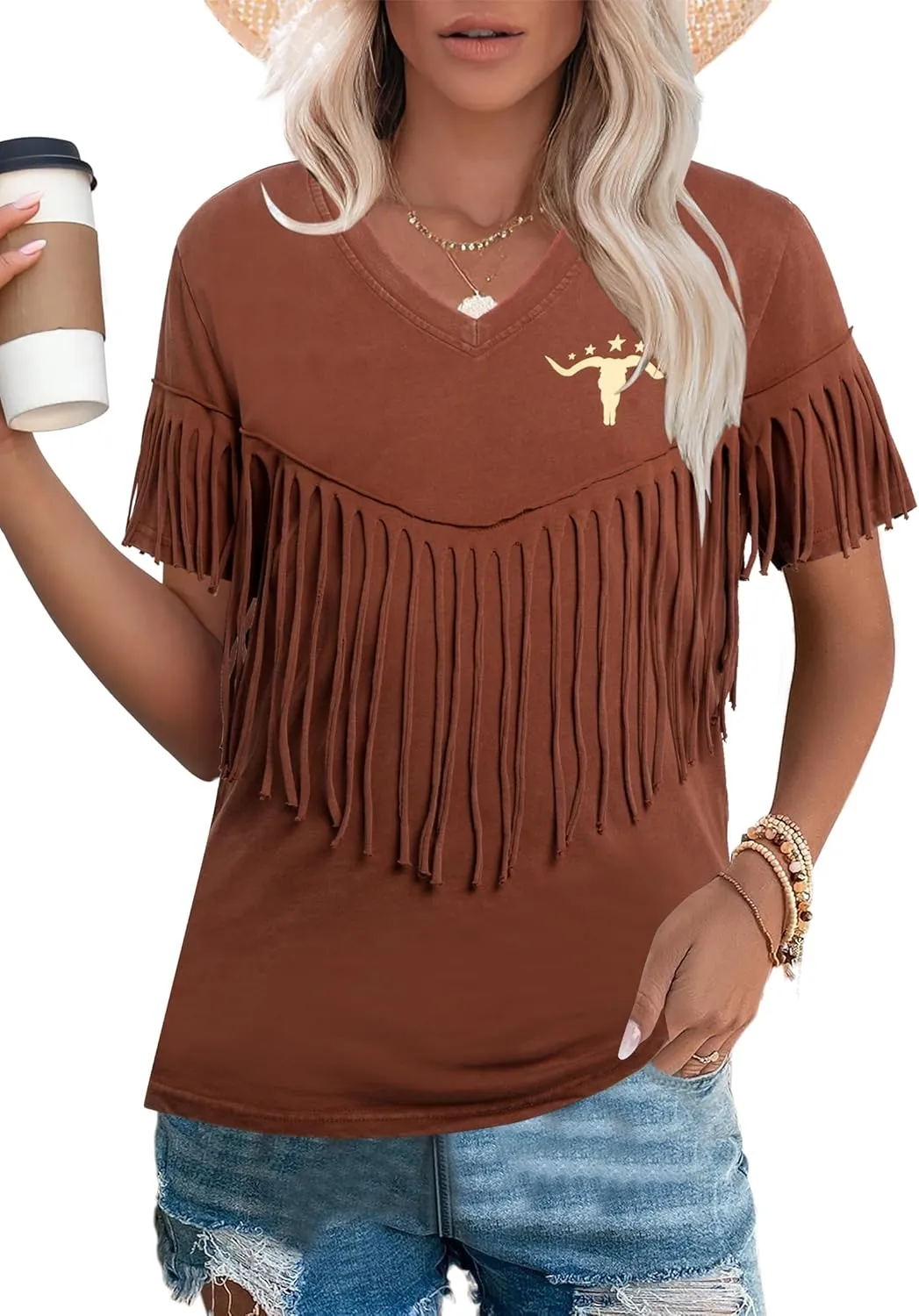 Western Vintage Shirt Cowgirl Outfit: Women Fringe Graphic Tees Rodeo Short Sleeve Tshirt Summer Vacation V Neck Tops