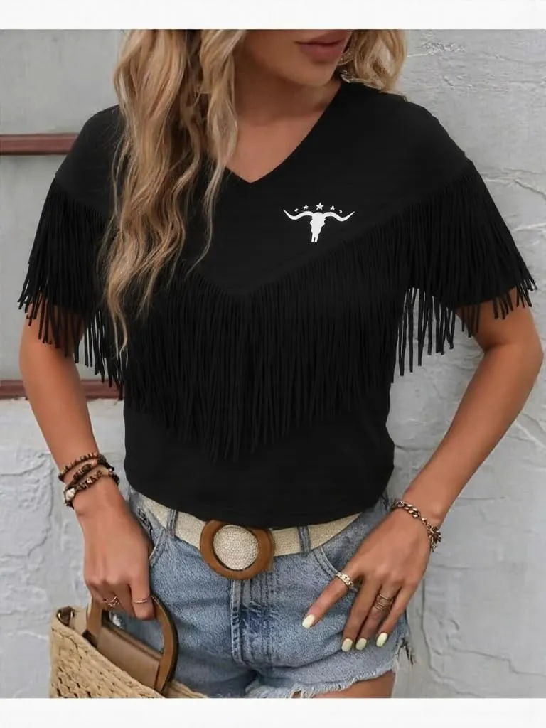 Western Vintage Shirt Cowgirl Outfit: Women Fringe Graphic Tees Rodeo Short Sleeve Tshirt Summer Vacation V Neck Tops