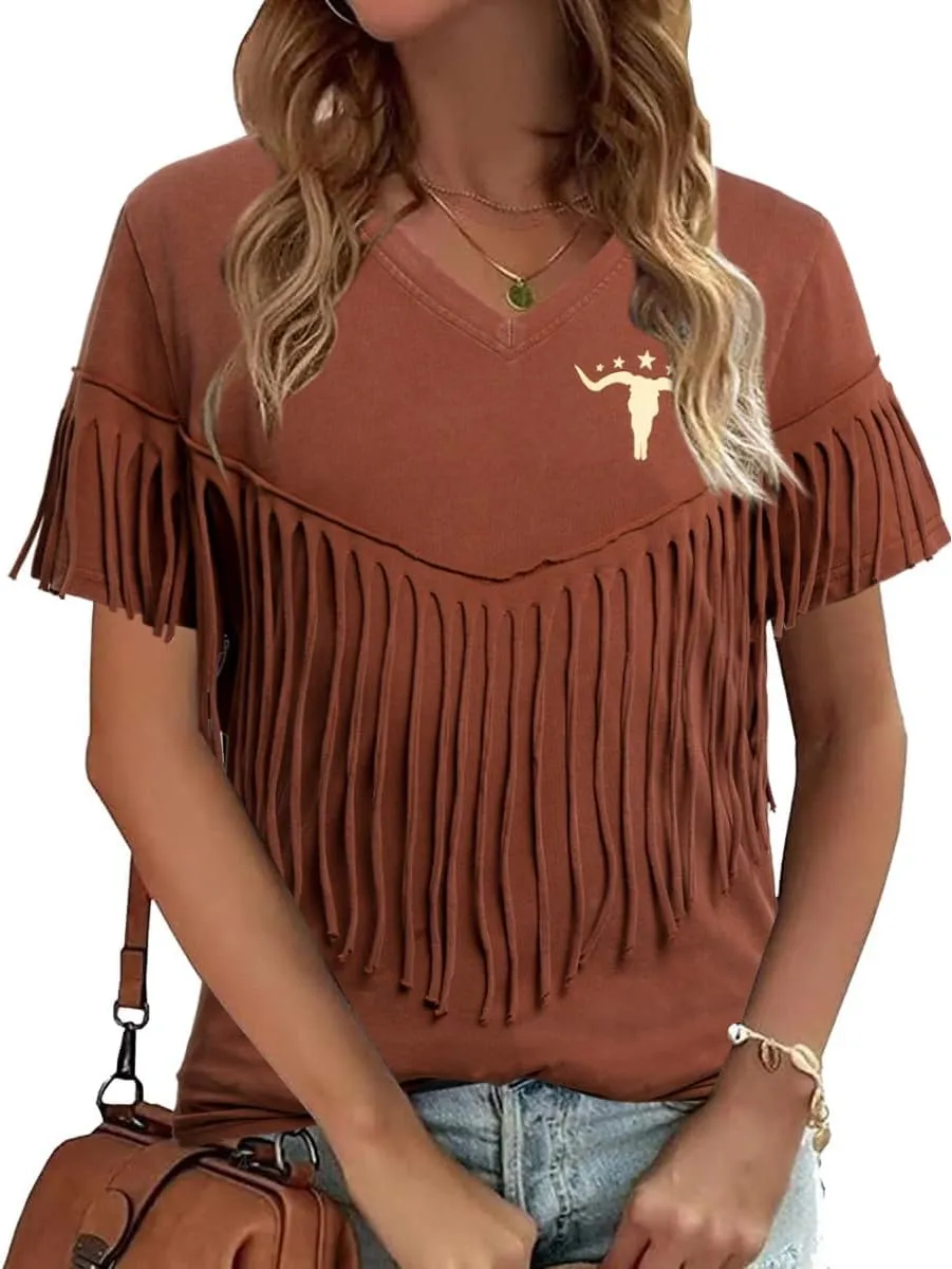 Western Vintage Shirt Cowgirl Outfit: Women Fringe Graphic Tees Rodeo Short Sleeve Tshirt Summer Vacation V Neck Tops