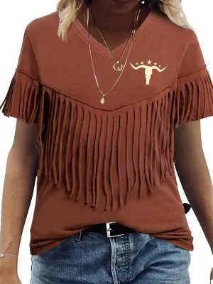 Western Vintage Shirt Cowgirl Outfit: Women Fringe Graphic Tees Rodeo Short Sleeve Tshirt Summer Vacation V Neck Tops