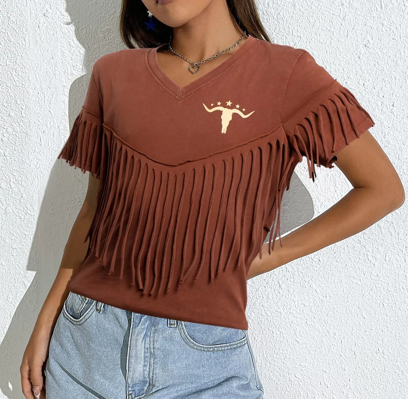Western Vintage Shirt Cowgirl Outfit: Women Fringe Graphic Tees Rodeo Short Sleeve Tshirt Summer Vacation V Neck Tops