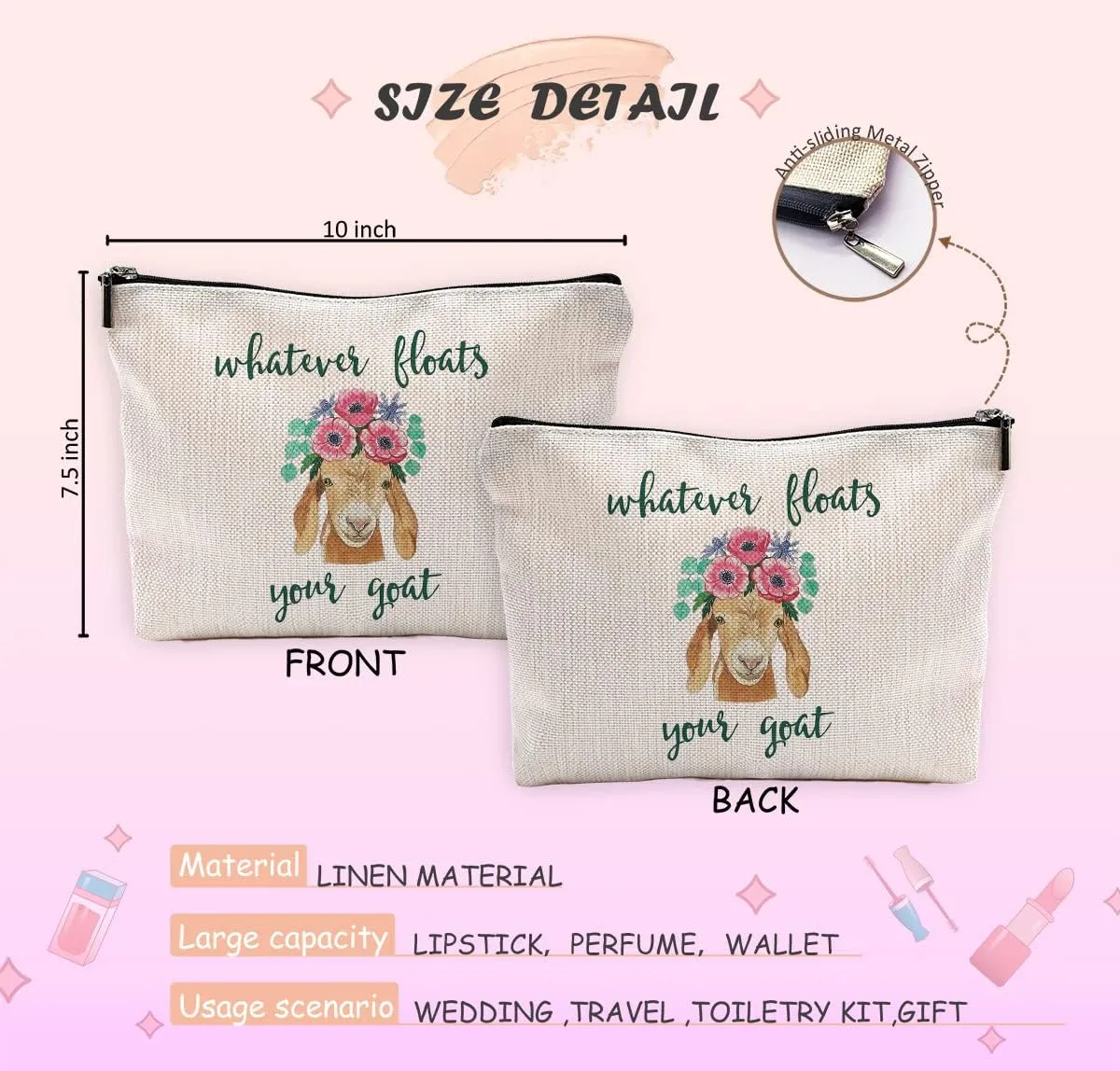 Whatever Floats Your Goat Makeup Bag Travel Cosmetic Bags for Women Girls,Farmhouse Floral Goat Cosmetic Bags with Zipper Pouch Travel Toiletry Case,Gift for Goat Lovers
