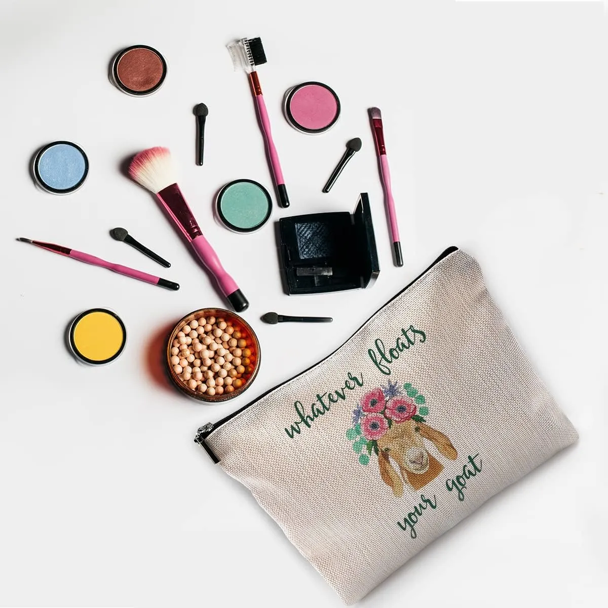 Whatever Floats Your Goat Makeup Bag Travel Cosmetic Bags for Women Girls,Farmhouse Floral Goat Cosmetic Bags with Zipper Pouch Travel Toiletry Case,Gift for Goat Lovers