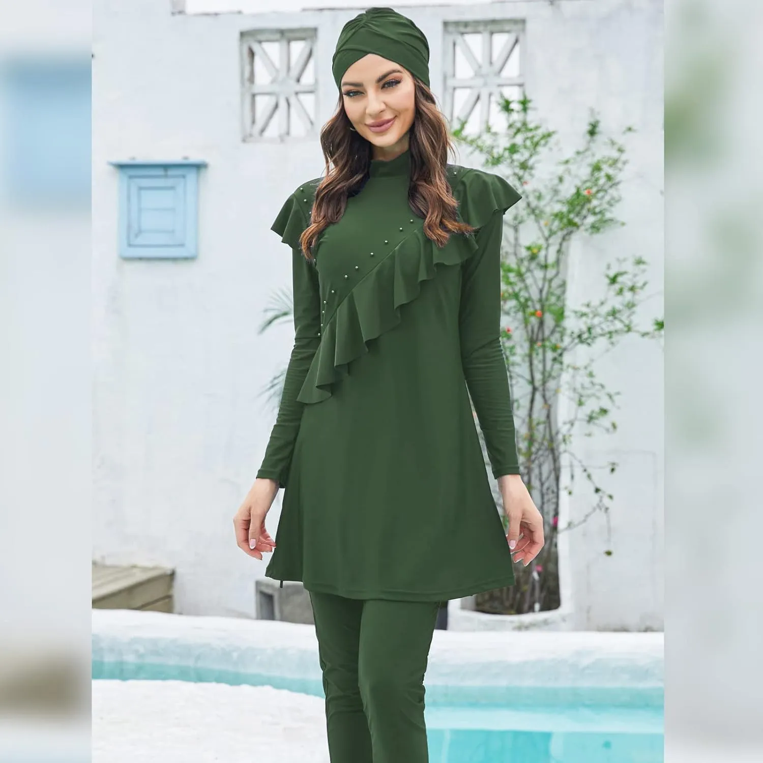 Women Muslim Swimwear Islamic Modest Swimsuit 3 Pieces Full Cover Hijab Long Sleeve Burkini Top Dress   Pants