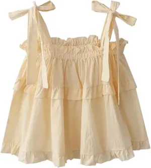 Women Sexy Camis Solid Sweet Loose Camisole Pleated Vests Tops