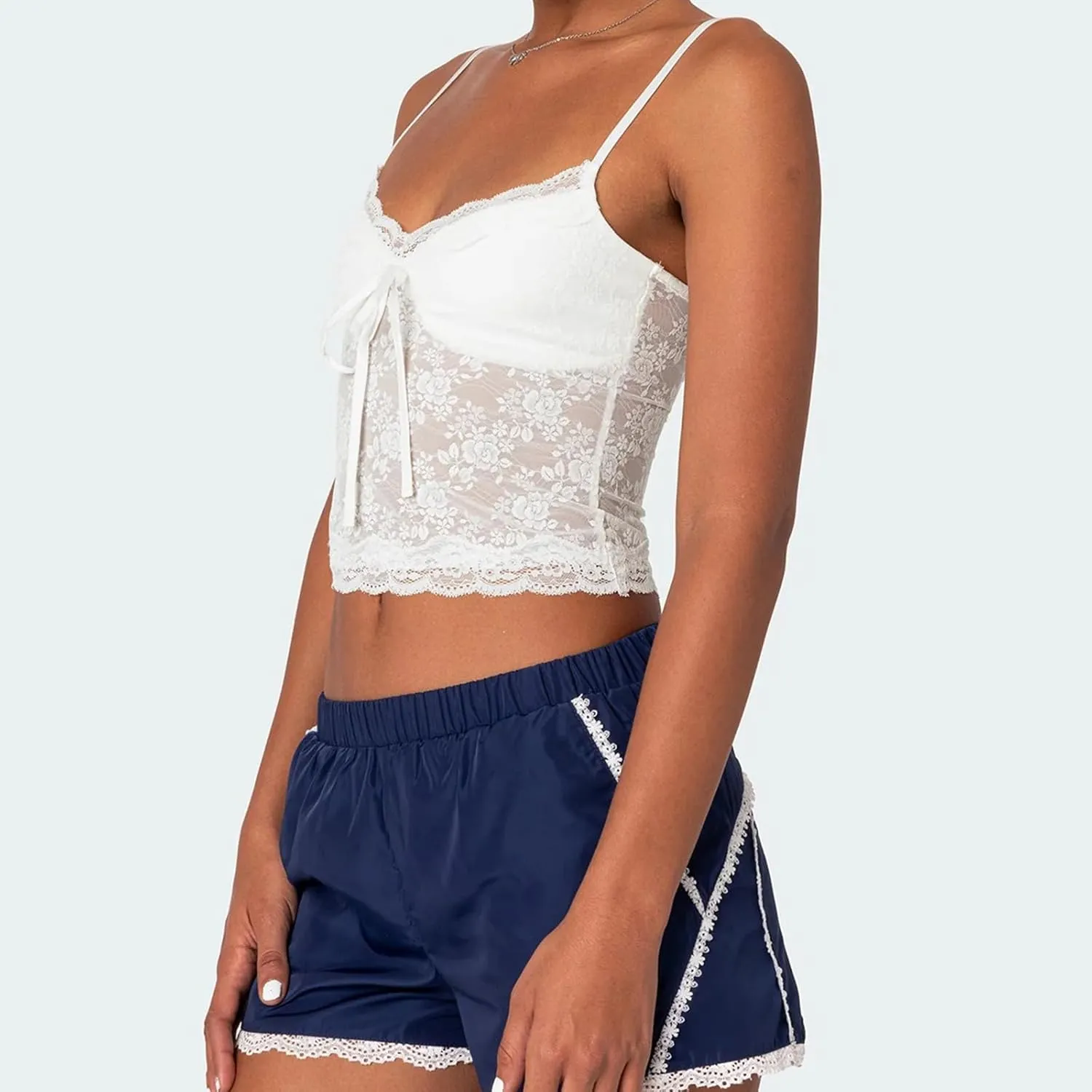 Women Y2k Lace Trim Camisole Spaghetti Strap V Neck Frilly Crop Tops Bow Front Slim Fit Cami Tank Top Streetwear