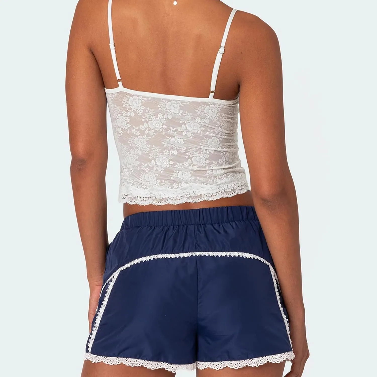 Women Y2k Lace Trim Camisole Spaghetti Strap V Neck Frilly Crop Tops Bow Front Slim Fit Cami Tank Top Streetwear